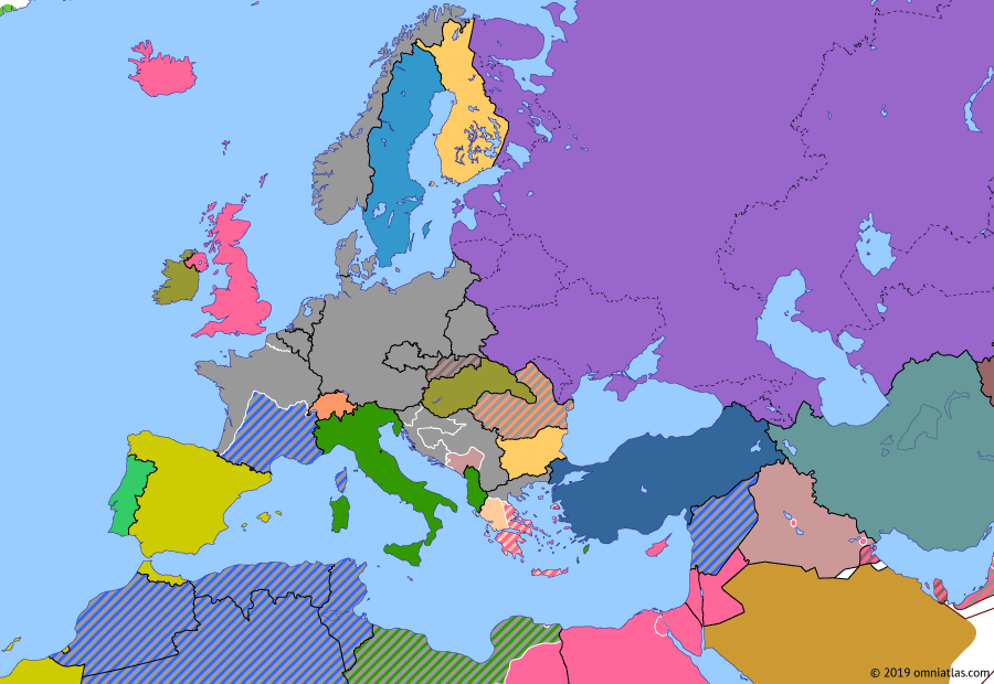Political map of Europe & the Mediterranean on 16 Apr 1941 (World War II: Blitzkrieg: Germany in the Mediterranean), showing the following events: Lend-Lease; Operation Sunflower; Iraqi coup d’état; Invasion of Yugoslavia; Battle of Greece; Greenland Protectorate; Independent State of Croatia.