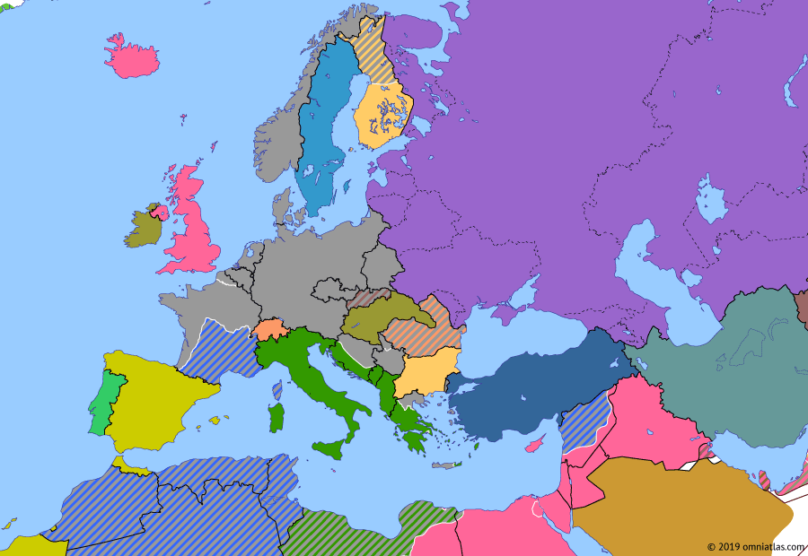 Political map of Europe & the Mediterranean on 21 Jun 1941 (World War II: Blitzkrieg: Eve of Barbarossa), showing the following events: Territory of Military Commander in Serbia; Anglo-Iraqi War; Treaties of Rome; Battle of Crete; Sinking the Bismarck; Operation Exporter; Final Preparations for Barbarossa.