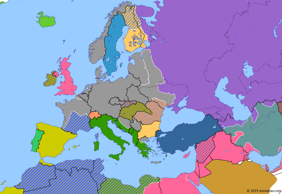 Political map of Europe & the Mediterranean on 31 Aug 1941 (World War II: Blitzkrieg: Operation Barbarossa), showing the following events: Operation Barbarossa; Continuation War begins; US occupation of Iceland; Atlantic Charter; Anglo-Soviet invasion of Iran.