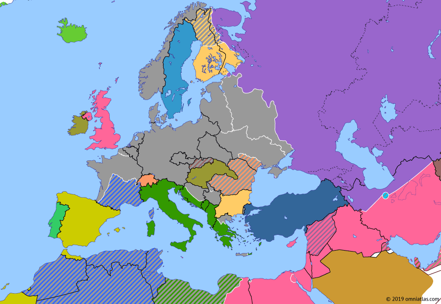 Political map of Europe & the Mediterranean on 04 Dec 1941 (World War II: Blitzkrieg: Battle of Moscow), showing the following events: First Battle of Kiev; Siege of Leningrad begins; Battle of Moscow; Operation Rheinhard; Operation Crusader.
