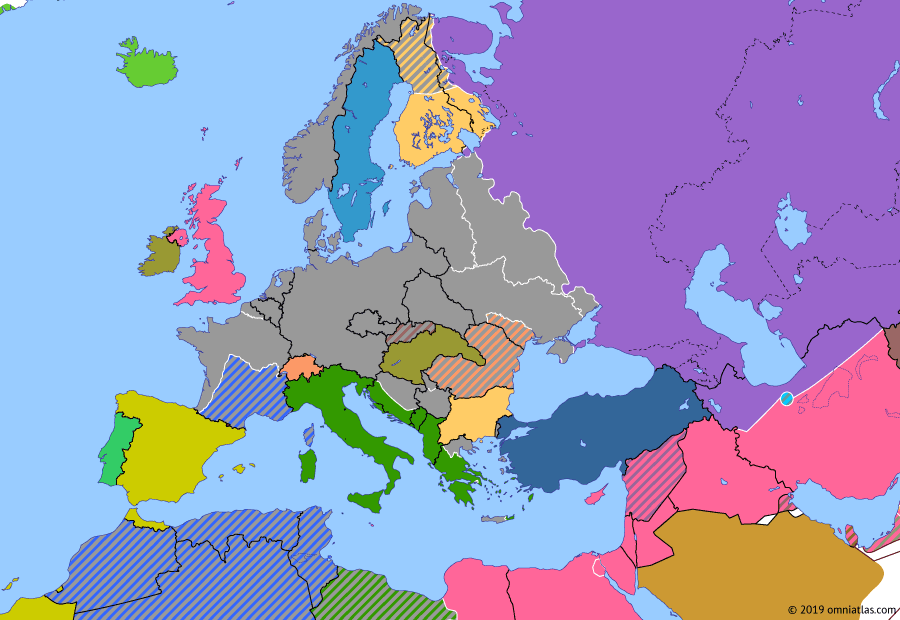 Political map of Europe & the Mediterranean on 20 Jan 1942 (World War II: Blitzkrieg: The War Expands), showing the following events: Soviet Winter Counteroffensive; Attack on Pearl Harbor; Germany at war with U.S.; Wannsee Conference.
