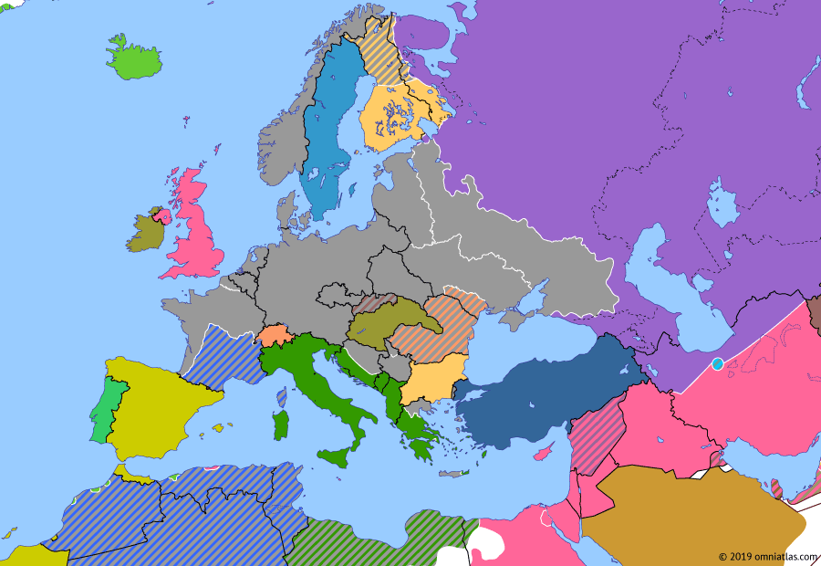 Political map of Europe & the Mediterranean on 08 Nov 1942 (World War II: Fall of the Third Reich: El Alamein and Operation Torch), showing the following events: Second Battle of El Alamein; Operation Torch.