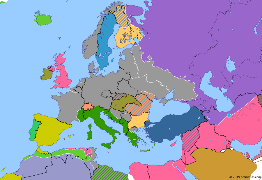 Political map of Europe & the Mediterranean on 22 Nov 1942 (World War II: Fall of the Third Reich: Battle of Stalingrad), showing the following events: Reinforcement of Tunis; Case Anton; Darlan deal; Operation Uranus; End of siege of Malta.