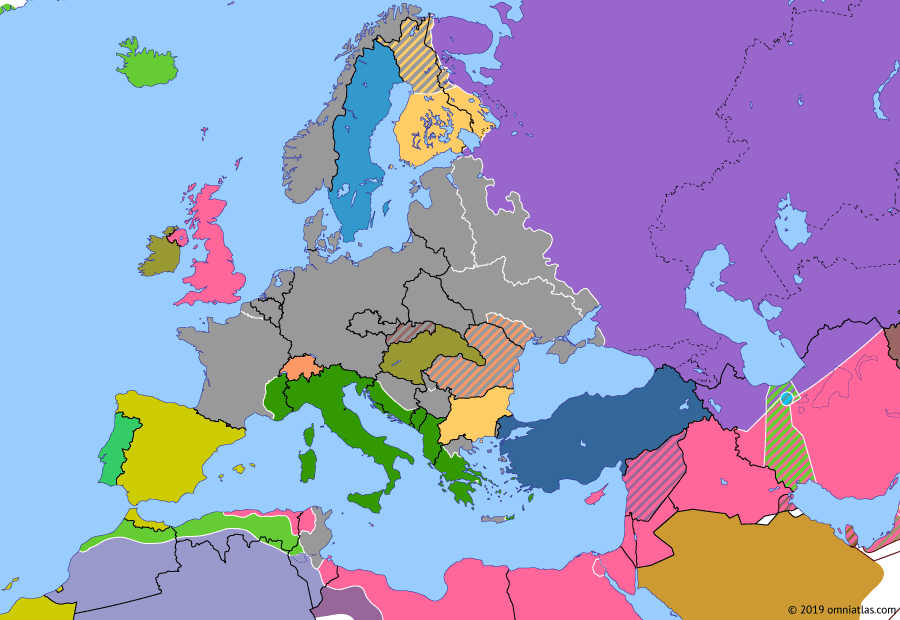 Political map of Europe & the Mediterranean on 22 Feb 1943 (World War II: Fall of the Third Reich: Tunisia Campaign), showing the following events: Casablanca Conference; British capture of Tripoli; Surrender of the Sixth Army; Battle of Kasserine Pass.