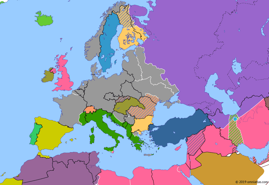 Political map of Europe & the Mediterranean on 12 Jul 1943 (World War II: Fall of the Third Reich: Kursk and Sicily), showing the following events: Battle of the Ruhr; Fall of Tunis; Black May; Operation Citadel; Operation Husky.