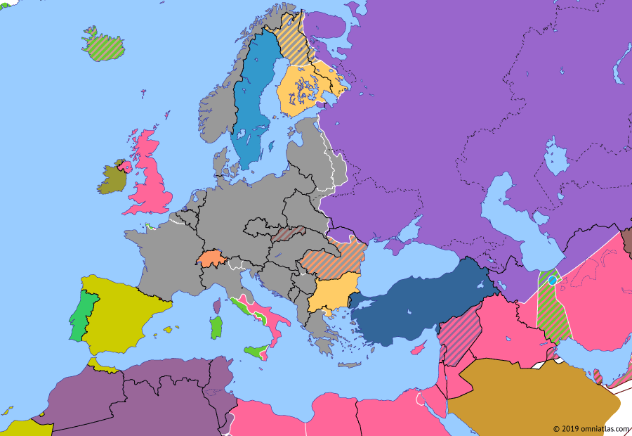 Political map of Europe & the Mediterranean on 20 Jun 1944 (World War II: Fall of the Third Reich: Normandy Landings), showing the following events: Operation Margarethe; Dnieper-Carpathian Offensive; Allies enter Rome; D-Day; Vyborg Offensive; V-Weapons.