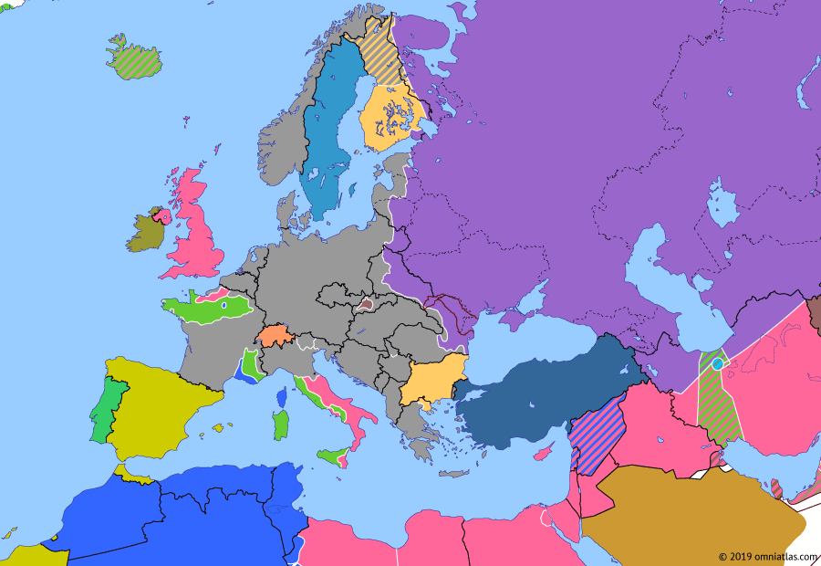 Political map of Europe & the Mediterranean on 30 Aug 1944 (World War II: Fall of the Third Reich: Liberation of France), showing the following events: Operation Bagration; Operation Dragoon; Liberation of Paris; King Michael’s Coup; Slovak National Uprising.