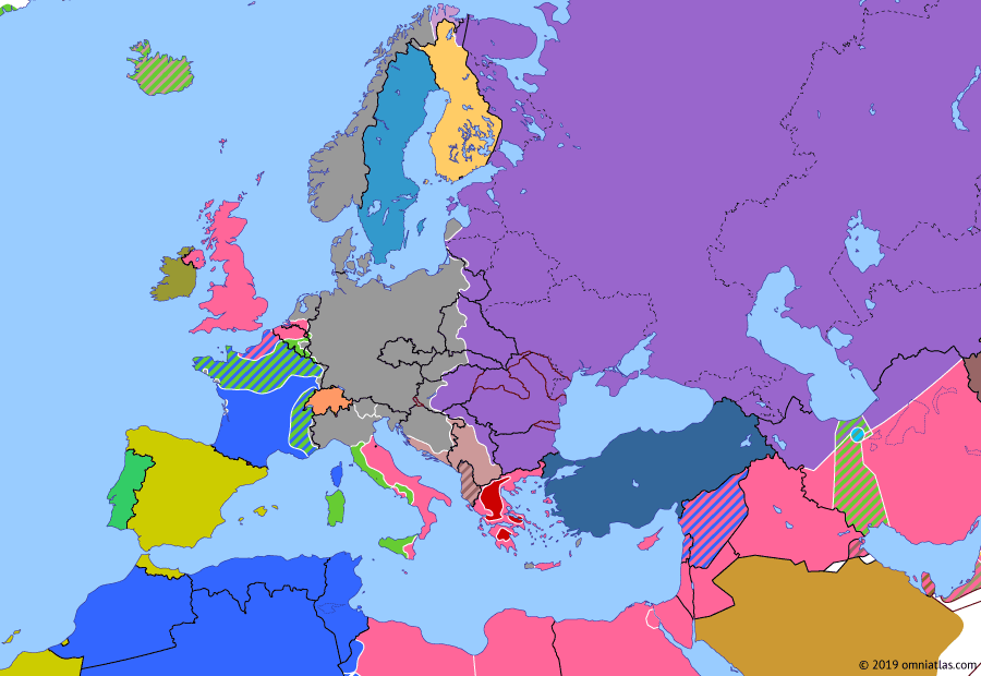 Political map of Europe & the Mediterranean on 24 Dec 1944 (World War II: Fall of the Third Reich: Liberation of the Balkans), showing the following events: Belgrade Offensive; Budapest Offensive; Retaking of Finnmark; Battle of the Bulge.