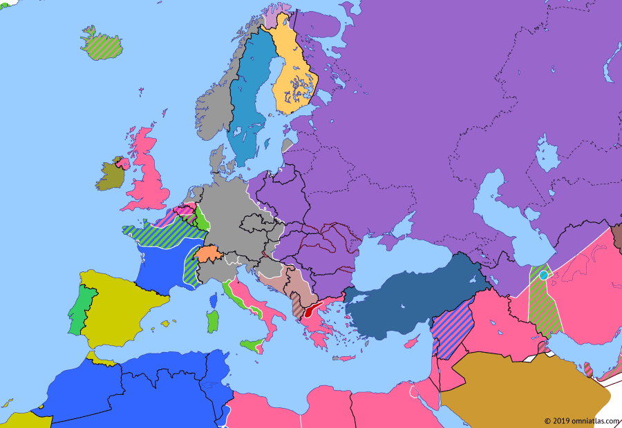 Political map of Europe & the Mediterranean on 24 Mar 1945 (World War II: Fall of the Third Reich: Invasion of Germany), showing the following events: Vistula–Oder Offensive; Yalta Conference; Bombing of Dresden; Turkey enters World War II; Operation Lumberjack; Western Allied invasion of Germany.