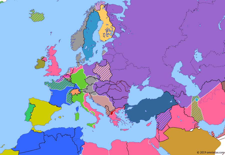 Political map of Europe & the Mediterranean on 02 May 1945 (World War II: Fall of the Third Reich: Fall of Berlin), showing the following events: Battle of Berlin; Elbe Day; Death of Hitler; Surrender of Caserta.