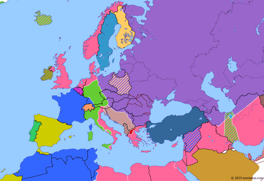 Political map of Europe & the Mediterranean on 14 May 1945 (World War II: Fall of the Third Reich: German Surrender), showing the following events: Prague Offensive; German Instrument of Surrender; V.E. Day; Allied occupation of Norway.