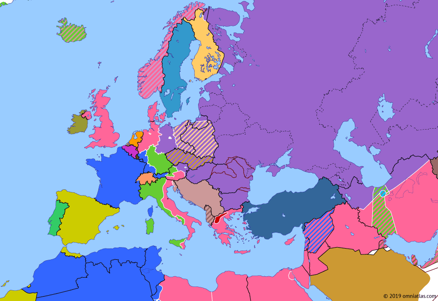 Political map of Europe & the Mediterranean on 13 Jul 1945 (World War II: Fall of the Third Reich: Division of Germany and Austria), showing the following events: Allied division of Germany; United Nations Charter; Allied-occupied Berlin; Allied-occupied Austria.