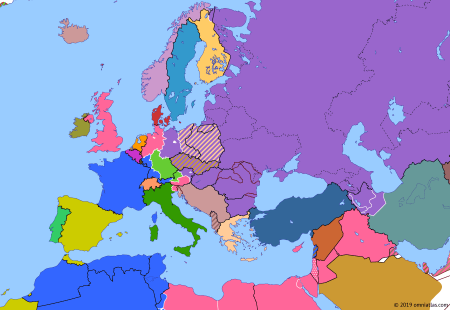 Political map of Europe & the Mediterranean on 19 Apr 1946 (The Cold War: The Iron Curtain Descends), showing the following events: Potsdam Conference; Jewel Voice Broadcast; Azerbaijan People’s Government; Allied withdrawal from Italy; Syrian Independence.