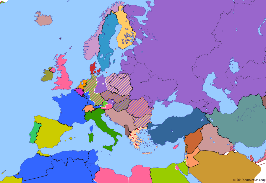 Political map of Europe & the Mediterranean on 01 Aug 1948 (The Cold War: Berlin Airlift), showing the following events: Marshall Plan; OEEC; Israeli Declaration of Independence; Berlin Blockade.