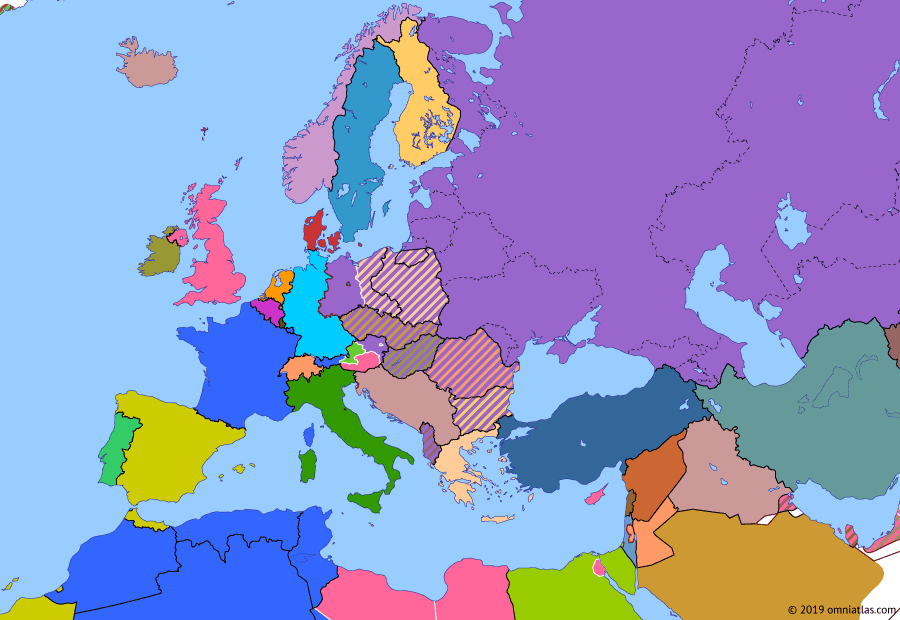 Political map of Europe & the Mediterranean on 07 Oct 1949 (The Cold War: NATO and the Two Germanys), showing the following events: 1949 Armistice Agreements; North Atlantic Treaty; Berlin Blockade ends; German Federal Republic; RDS-1; German Democratic Republic.