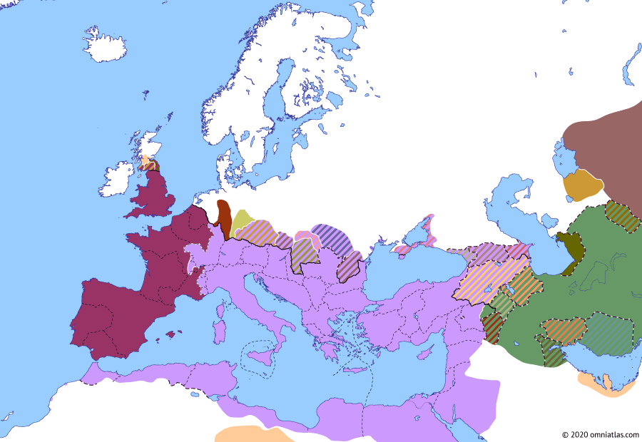 Political map of Europe & the Mediterranean on 19 Feb 197 (The Severan Dynasty: Battle of Lugdunum), showing the following events: Syria Coele and Phoenice; Clodius Albinus’ revolt; Osrhoene province; Battle of Lugdunum.
