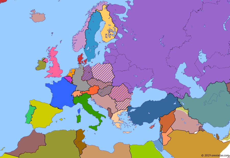 Political map of Europe & the Mediterranean on 26 May 1972 (The Cold War: Detente), showing the following events: French withdrawal from NATO; Six Day War; Warsaw Pact invasion of Czechoslovakia; Sino-Soviet border conflict; SALT I.