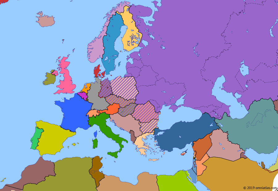 Political map of Europe & the Mediterranean on 15 Jun 1977 (The Cold War: Cold War Rivalry in the Middle East), showing the following events: Britain, Denmark, and Ireland become members of the EEC; Yom Kippur War; 1973 Oil Crisis; Turkish invasion of Cyprus; Lebanese Civil War begins; Portuguese and Spanish transitions to democracy.