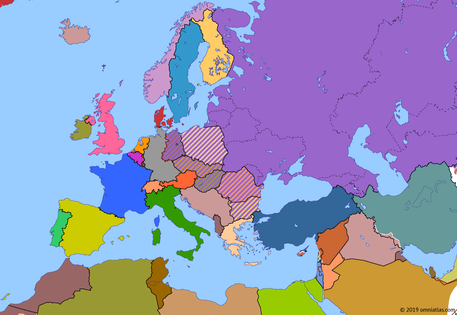 Political map of Europe & the Mediterranean on 25 Apr 1982 (The Cold War: Islamic Resurgence), showing the following events: Libyan–Egyptian War; Iranian Revolution; Camp David Accords; Soviet invasion of Afghanistan; Solidarity movement in Poland; Iraqi invasion of Iran.
