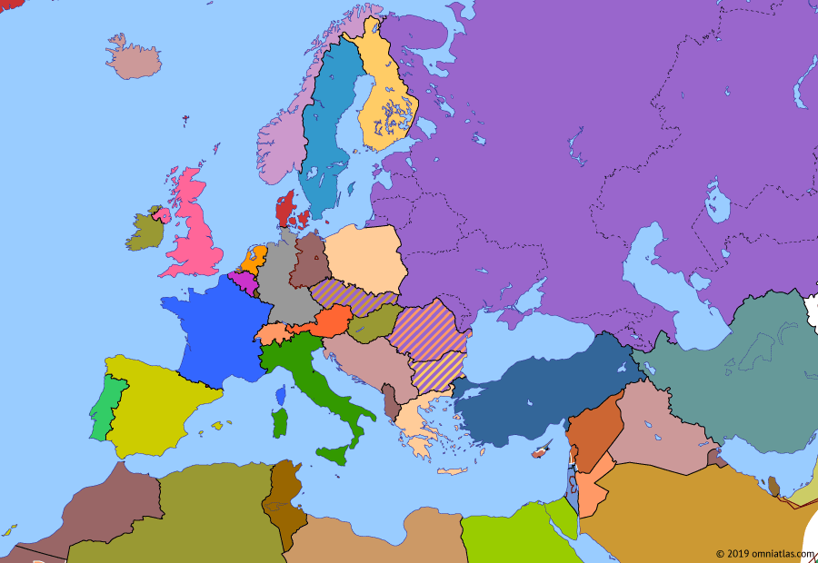 Political map of Europe & the Mediterranean on 10 Nov 1989 (The Cold War: Fall of the Berlin Wall), showing the following events: 1982 Lebanon War; Mikhail Gorbachev; Soviet withdrawal from Afghanistan; Soviet legislative election; Tadeusz Mazowiecki of Solidarity appointed Prime Minister of Poland; Removal of Hungary’s border fence; Fall of the Berlin Wall.