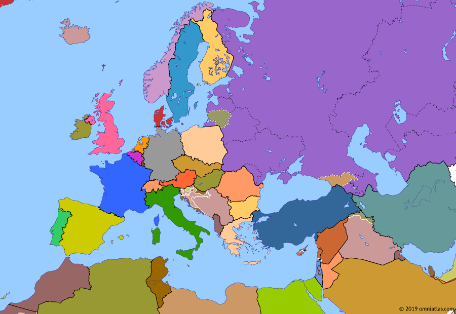 Political map of Europe & the Mediterranean on 27 Jun 1991 (Post-Cold War Europe: Breakup of Yugoslavia), showing the following events: Uprisings in Iraq; Independence of Georgia; Independence of Slovenia and Croatia; Ten-Day War.