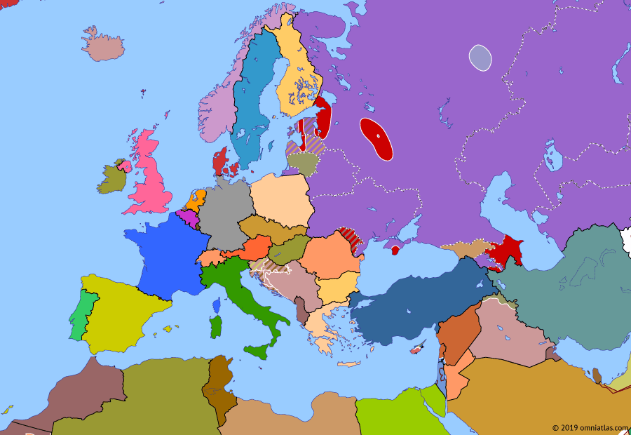 Political map of Europe & the Mediterranean on 19 Aug 1991 (Post-Cold War Europe: Soviet Coup Attempt), showing the following events: Brioni Agreement; Operation Stinger; Gorbachev’s house arrrest; Soviet Coup Attempt.