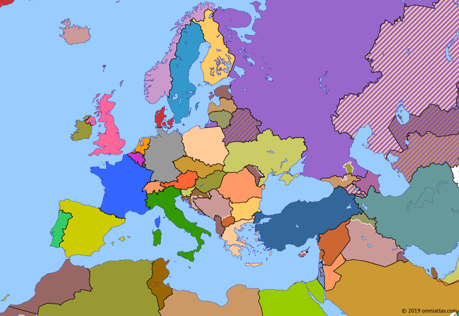 Political map of Europe & the Mediterranean on 25 Dec 1991 (Post-Cold War Europe: Collapse of the Soviet Union), showing the following events: Independence of Belarus; Russian independence; Independence of Kazakhstan; Georgian Civil War; Dissolution of the Soviet Union.