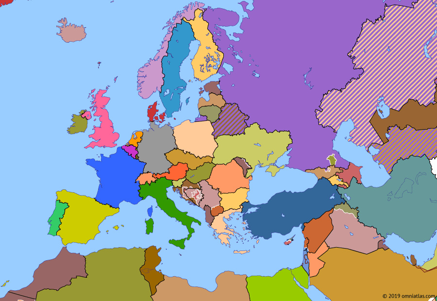 Political map of Europe & the Mediterranean on 22 Jun 1992 (Post-Cold War Europe: Bosnian War), showing the following events: Sarajevo Agreement; Maastricht Treaty; Bosnian War; Croat-Bosniak War.