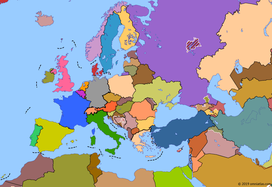 Political map of Europe & the Mediterranean on 01 Nov 1993 (Post-Cold War Europe: European Union), showing the following events: War in Abkhazia; Dissolution of Czechoslovakia; Armenian Summer Offensives; Treaty of Maastricht.