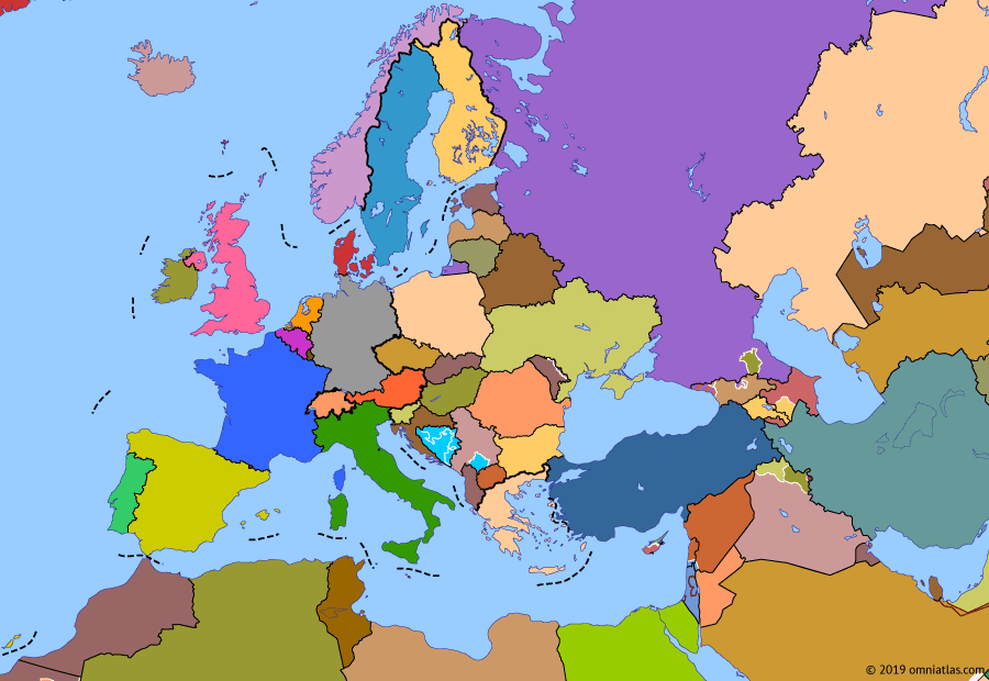 Political map of Europe & the Mediterranean on 12 Jun 1999 (Post-Cold War Europe: Kosovo War), showing the following events: Collective Security Treaty; Budapest Memorandum; First Chechen War; 1995 enlargement of EU; Dayton Agreement; Launch of the Euro; Visegrád Group; Kosovo War.