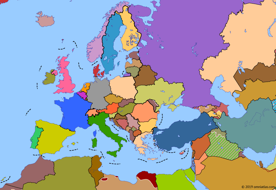 Political map of Europe & the Mediterranean on 19 Mar 2011 (Crisis of Europe: Eurozone Crisis), showing the following events: Adriatic Charter and France; US withdrawal from Iraq; European Debt Crisis; Arab Spring; 2011 Military Intervention in Libya.