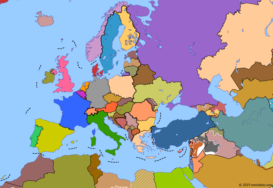 Political map of Europe & the Mediterranean on 18 Mar 2014 (The Crisis of Europe: Crimean Crisis), showing the following events: Syrian Civil War; Battle of Sirte; 2013 enlargement of EU; Anbar campaign; Euromaidan Revolution; Crimean Crisis; Accession of Crimea to Russia.
