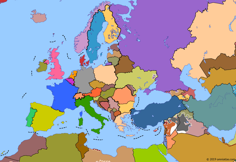Political map of Europe & the Mediterranean on 17 Jul 2014 (The Crisis of Europe: Rise of Daesh), showing the following events: 2014 Northern Iraq offensive; US-led intervention in Iraq begins; Islamic State; July offensive in Donbass; 2014 Israel-Gaza conflict; Battle of Tripoli Airport; Downing of Flight MH-17.