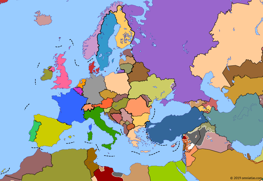 Political map of Europe & the Mediterranean on 07 Oct 2015 (The Crisis of Europe: Syrian Civil War), showing the following events: European migrant crisis; Coalitions against Daesh; Daesh in Libya; Eurasian Economic Union; Minsk II; Greek bailout referendum; Russian intervention in Syria.