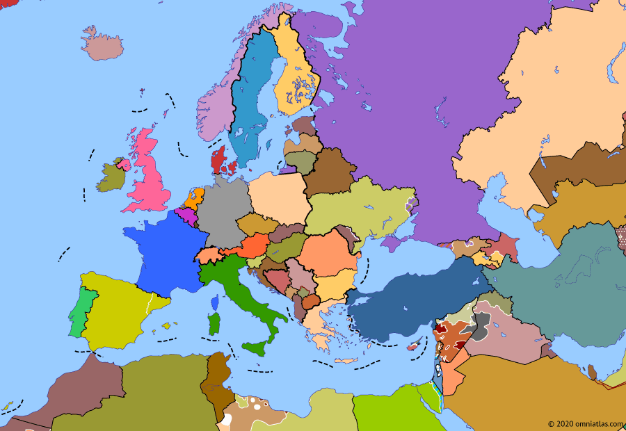 Political map of Europe & the Mediterranean on 27 Oct 2017 (The Crisis of Europe: Return of Nationalism), showing the following events: Russian electoral interventions in West; Battle of Sirte; Brexit referendum; Battle of Mosul; Raqqa campaign; Kurdistan independence referendum; Catalan independence declaration.