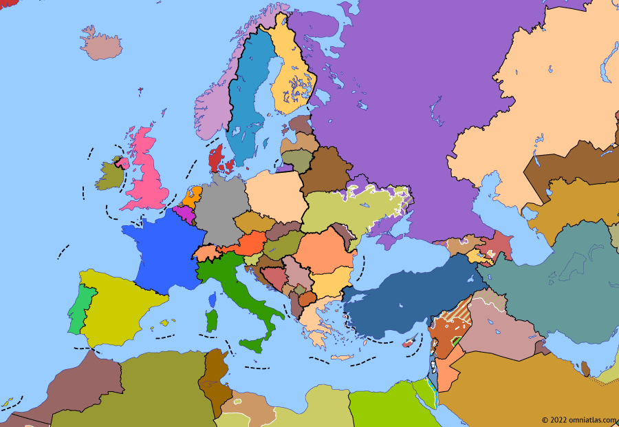 Political map of Europe & the Mediterranean on 22 Mar 2022 (Crisis of Europe: Russian invasion of Ukraine), showing the following events: COVID-19 in Europe; Second Nagorno-Karabakh War; Russian invasion of Ukraine.