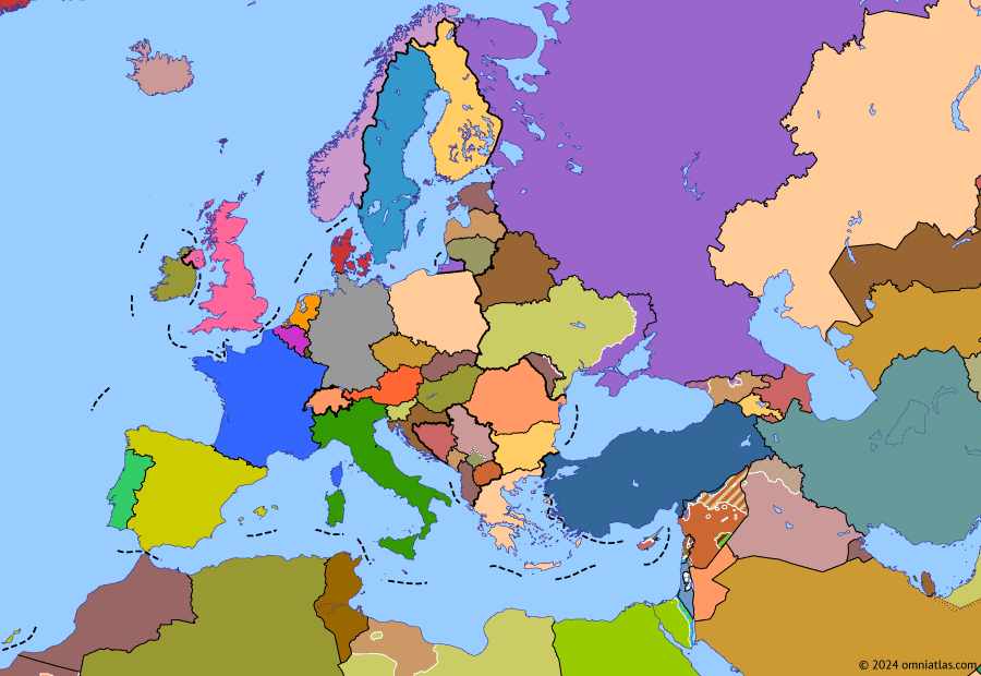 Political map of Europe & the Mediterranean on 15 Jan 2024 (Crisis of Europe: Europe Today), showing the following events: Azerbaijani suppression of Nagorno-Karabakh; 7 October attack; Israel–Hamas War.