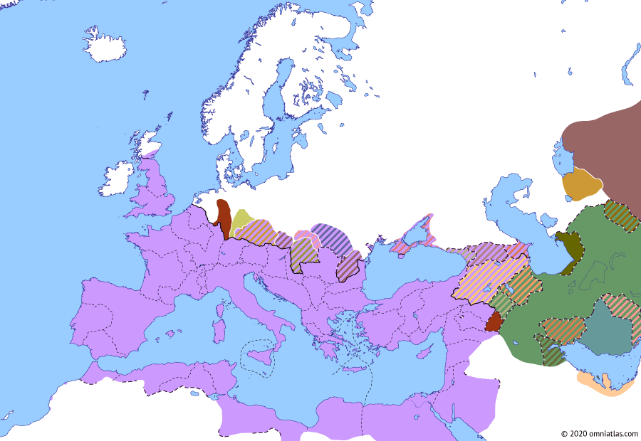 Political map of Europe & the Mediterranean on 21 Aug 210 (The Severan Dynasty: Severus’ invasion of Caledonia), showing the following events: Roman Numidia; Bulla Felix; Rise of the Sasanids; Severus’ invasion of Caledonia.