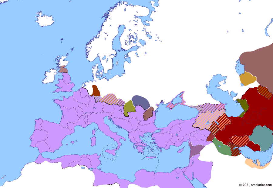 Political map of Europe & the Mediterranean on 08 Jun 218 (The Severan Dynasty: Macrinus vs Elagabalus), showing the following events: Principate of Macrinus; Battle of Nisibis; Elagabalus’ Revolt; Battle of Antioch.