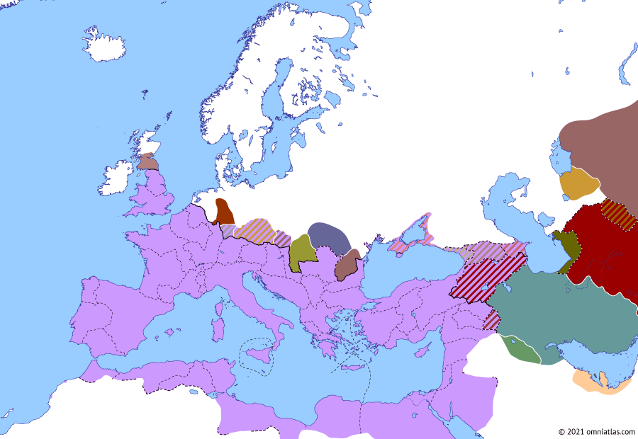 Political map of Europe & the Mediterranean on 06 Apr 227 (The Severan Dynasty: Sasanian Empire), showing the following events: Ardashir I’s Conquest of Media; Ardashir I vs Vologases VI; Sasanian Empire.