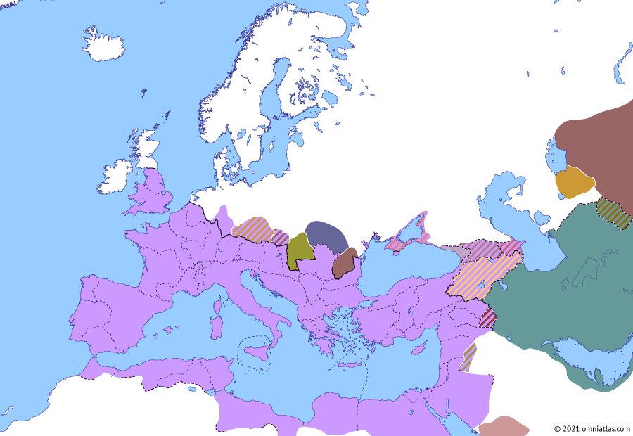 Political map of Europe & the Mediterranean on 05 Oct 235 (The Crisis of the Third Century: Maximinus Thrax), showing the following events: Severus Alexander’s Germanic War; Mazun; Reign of Maximinus Thrax; Magnus and Quartinus; Battle at the Harzhorn.
