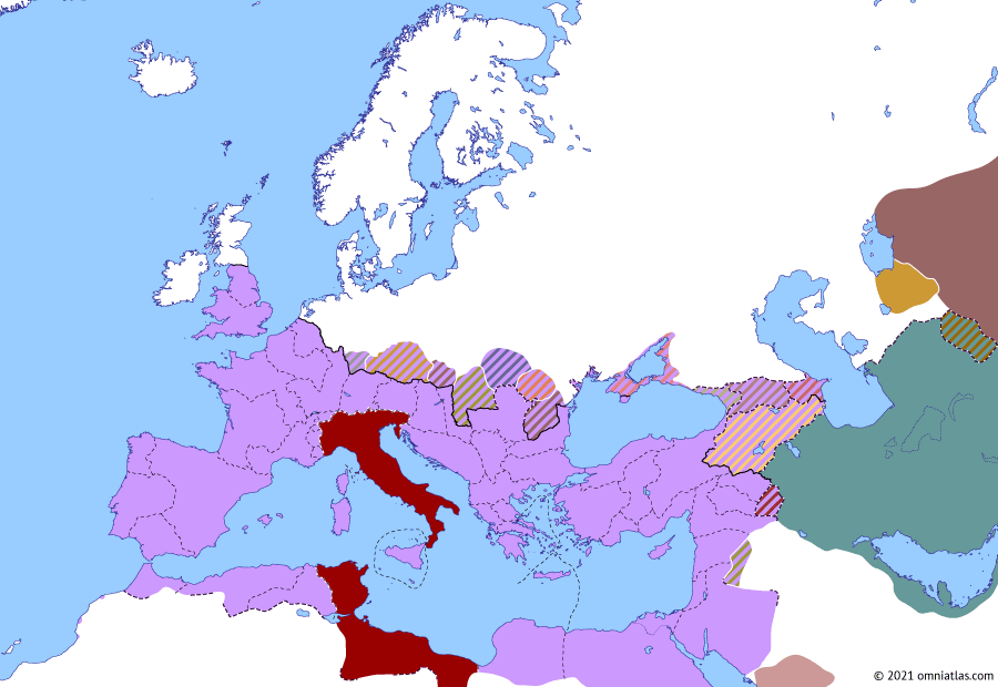 Political map of Europe & the Mediterranean on 02 Apr 238 (The Crisis of the Third Century: Year of the Six Emperors: Gordians I & II), showing the following events: Maximinus Thrax’s Dacian War; Gordian I; Gordians I & II.