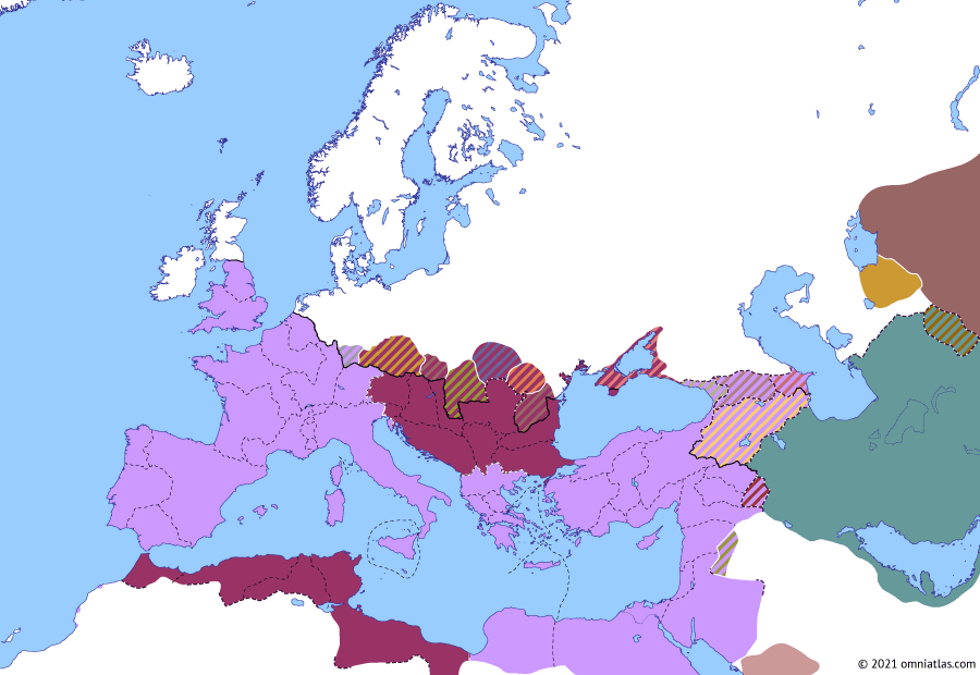 Political map of Europe & the Mediterranean on 09 May 238 (The Crisis of the Third Century: Year of the Six Emperors: Three vs Thrax), showing the following events: Proscription of Maximinus Thrax; Battle of Carthage; Pupienus, Balbinus, & Gordian III; Riots of Balbinus; Siege of Aquileia.