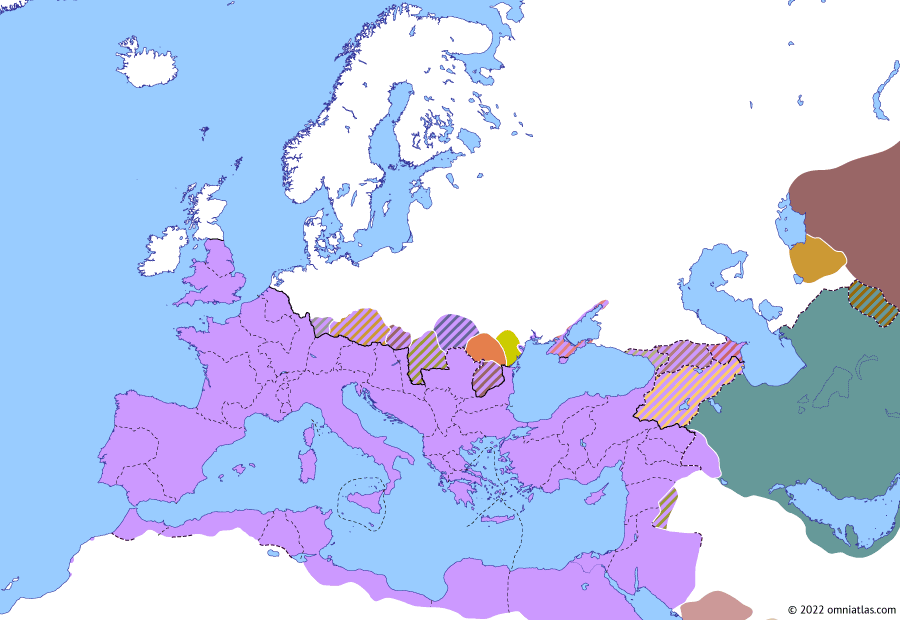 Political map of Europe & the Mediterranean on 11 Feb 244 (The Crisis of the Third Century: Battle of Misiche), showing the following events: Battle of Resaena; Battle of Misiche; Principate of Philip the Arab; Death of Gordian III.