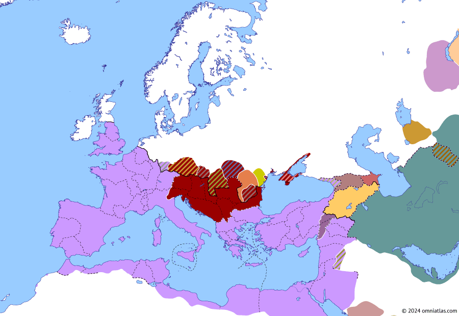 Political map of Europe & the Mediterranean on 11 Sep 249 (The Crisis of the Third Century: Decius vs Philip the Arab), showing the following events: Shapur I’s Kushan War; Philip the Arab’s Dacian War; Roman Millennium; First Siege of Marcianople; Pacatian; Jotapian; Revolt of Decius; Battle of Verona.