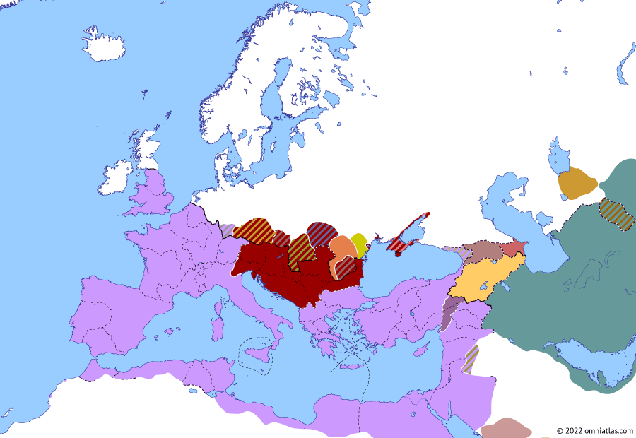 Political map of Europe & the Mediterranean on 11 Sep 249 (The Crisis of the Third Century: Decius vs Philip the Arab), showing the following events: Shapur I’s Kushan War; Philip the Arab’s Dacian War; Roman Millennium; First Siege of Marcianople; Pacatian; Jotapian; Revolt of Decius; Battle of Verona.
