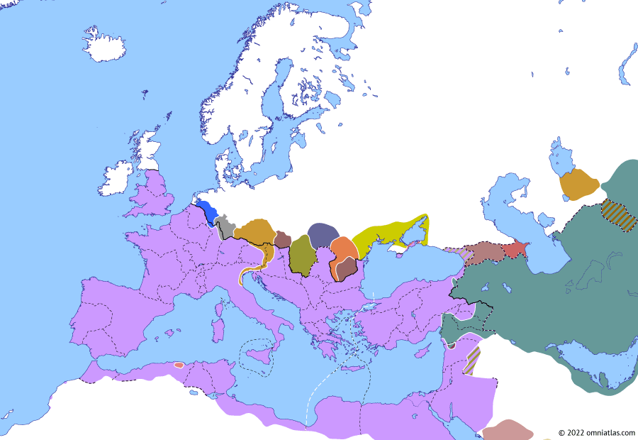 Political map of Europe & the Mediterranean on 23 Apr 254 (The Crisis of the Third Century: Aftermath of Barbalissos), showing the following events: Battle of Interamna Nahars; Principate of Valerian; Battle of the Sanguinarian Bridge; Shapur I’s Sack of Antioch; Co-principate of Gallienus; Marcomannic raid on Ravenna; Gallienus’ German War.