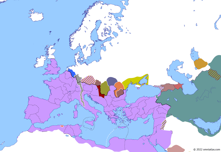 Political map of Europe & the Mediterranean on 09 Dec 258 (The Crisis of the Third Century (I): First Alemannic Invasion of Italy), showing the following events: Phrygia et Caria; Shapur I’s sack of Trapezus; Ingenuus; First Alemannic invasion of Italy; Pipara.