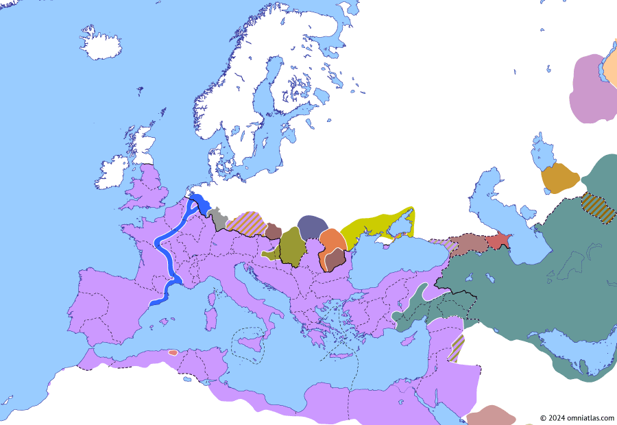 Political map of Europe & the Mediterranean on 29 Jun 260 (Crisis of the Third Century (I): Capture of Valerian), showing the following events: Battle of Mediolanum; Sack of Tarraco; Shapur I’s third Roman War; Capture of Valerian; Principate of Gallienus.