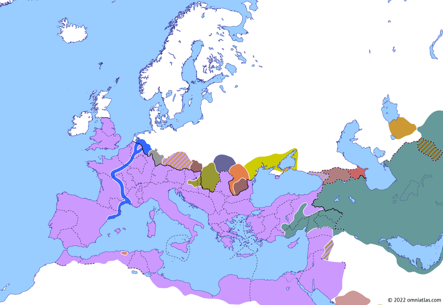 Political map of Europe & the Mediterranean on 29 Jun 260 (The Crisis of the Third Century: Capture of Valerian), showing the following events: Battle of Mediolanum; Sack of Tarraco; Shapur I’s third Roman War; Capture of Valerian; Principate of Gallienus.
